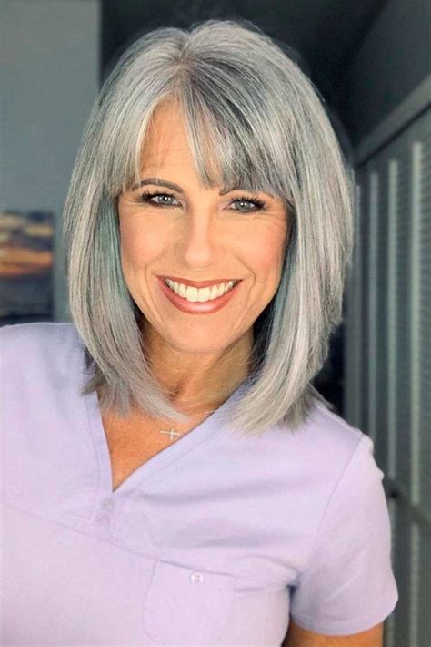 55 Bang Hairstyles For Older Women That Will Beat Your Age Grey Hair With Bangs Medium Length