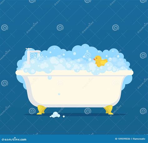 Bathtub with Soap Bubbles and Cute Duck Stock Vector - Illustration of ...