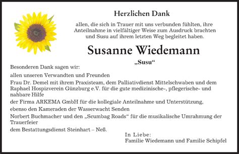 Traueranzeigen Von Susanne Wiedemann Augsburger Allgemeine Zeitung