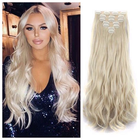 Bleach Blonde Hair Extensions Clip In Remy Human Hair Weave 24 Wavy Hair 180g Double Blonde