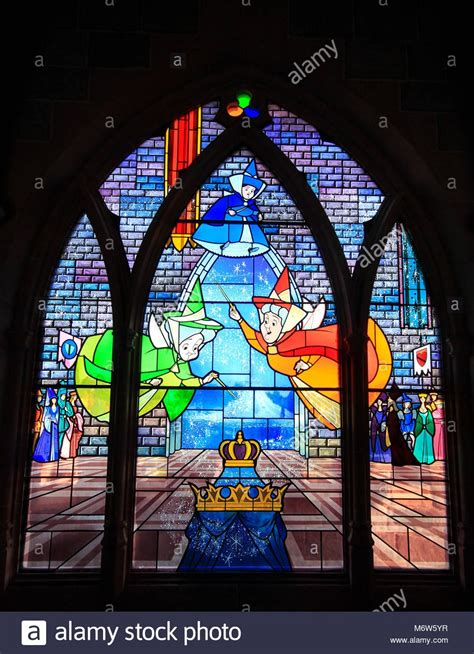 A Stained Glass Window Inside The Sleeping Beauty Castle At Disneyland Of The Three Fairy