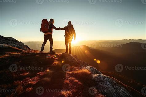 Ai Generative Couple Of Hikers Helping Each Other Climbing A Mountain