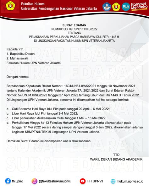 Surat Edaran Pelaksanaan Perkuliahan Pasca Hari Raya Idul Fitri H