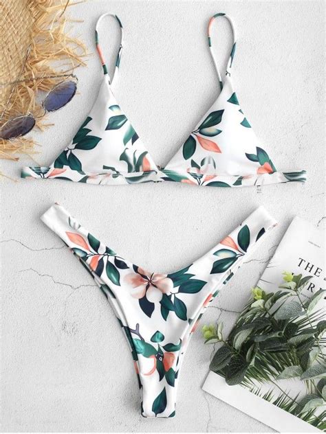 Zaful Leaf Print High Leg Bikini Set Golden Brown Natural White Red