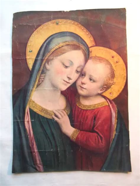 GRAVURE RELIGIEUSE ANCIENNE Polychrome La Vierge Marie Et L Enfant