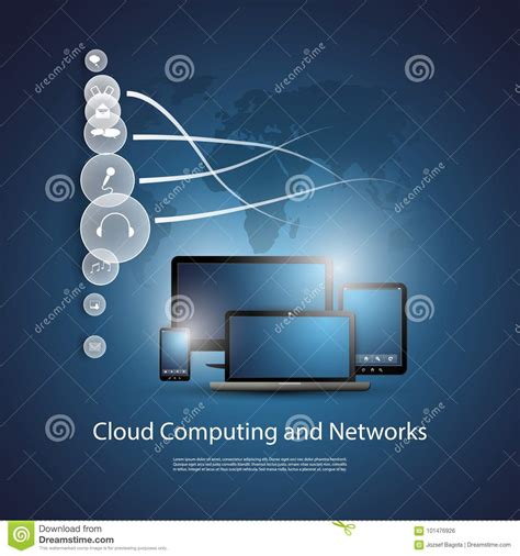 Blue Cloud Computing Concept Design With World Map And Computers Stock