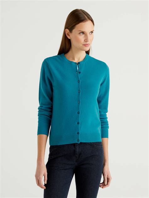 Teal Crew Neck Cardigan In Pure Virgin Wool