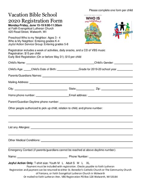 Fillable Online Vacation Bible School 2020 Registration Form Faith Evangelical Fax Email