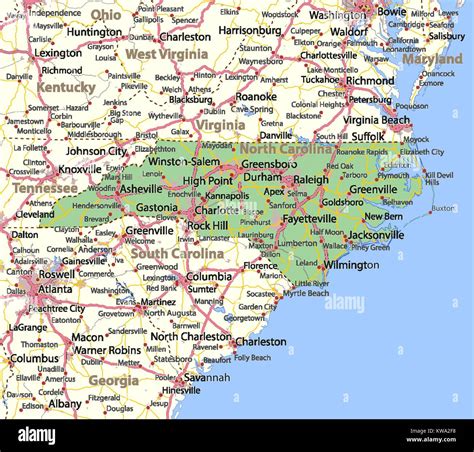 Map Of North Carolina Shows Country Borders Urban Areas Place Names Roads And Highways