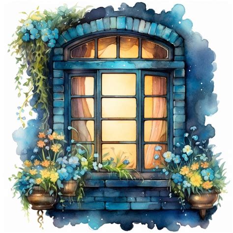 A watercolor painting of a window with flowers on it. | Premium AI ...