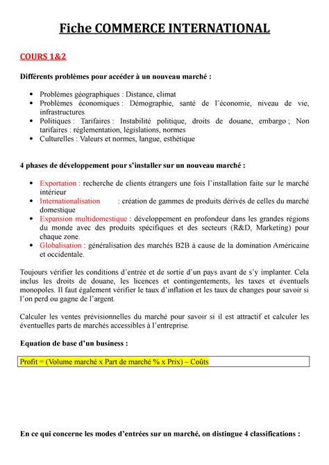 Fiche Commerce International Fiche Commerce International Cours