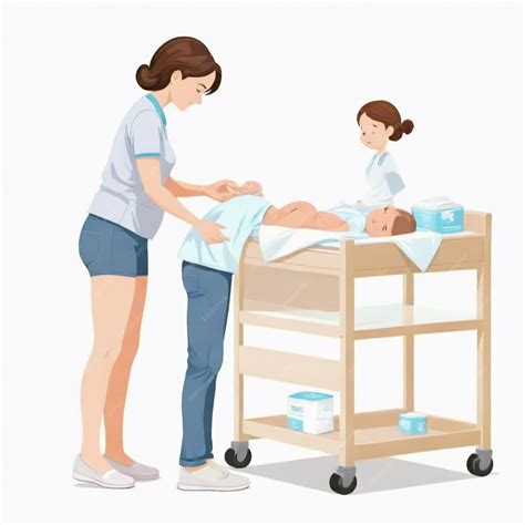 Caregiver changing a diaper on a changing table cartoon vector set