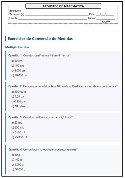 Exercícios De Conversão De Medidas 6 Ano - 15 Atividades de Matemática 6° Ano Sobre Conversão de Medidas