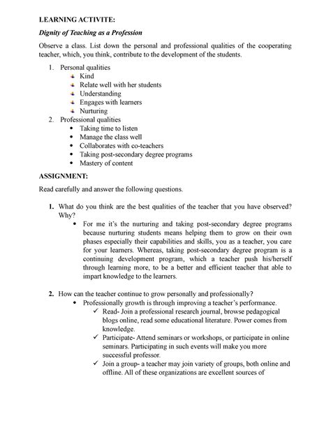 Field Study 1 Activity (20) - LEARNING ACTIVITE: Dignity of Teaching as a Profession Observe a