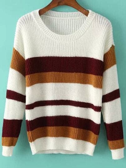 Multicolor Round Neck Striped Loose Sweater Shein Sheinside