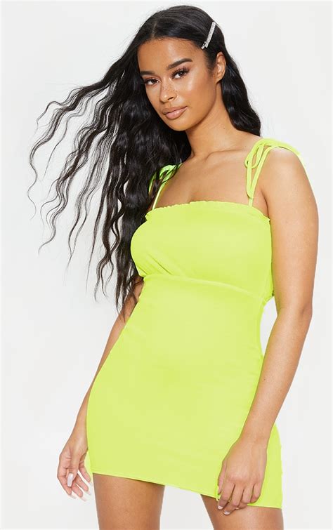 Neon Yellow Ribbed Frill Tie Strap Bodycon Dress Prettylittlething