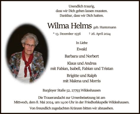 Traueranzeigen Von Wilma Helms Trauer Kreiszeitung De