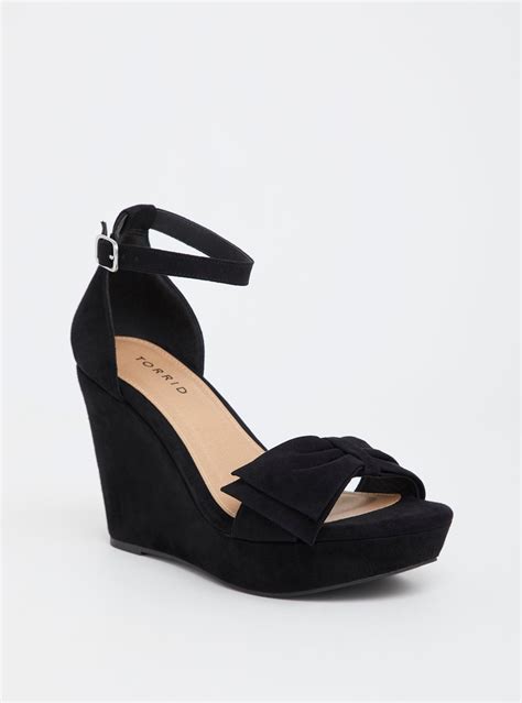 Black Faux Suede Bow Wedge Sandal Wide Width Wide Width Sandals