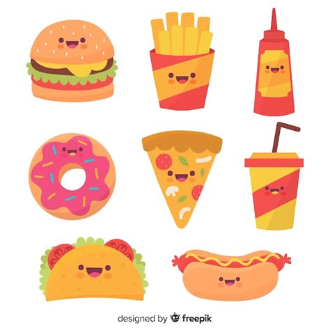 Colección comida rápida kawaii dibujada a mano Vector Gratis