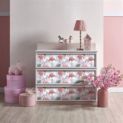 Vinilo Muebles Tropical Flamencos Rosados Adhesivo De Pared