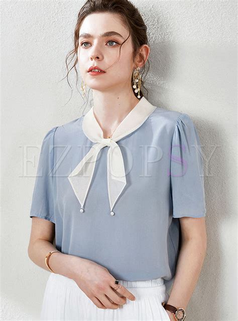 Tops Blouses Stand Collar Short Sleeve Bowknot Blouse