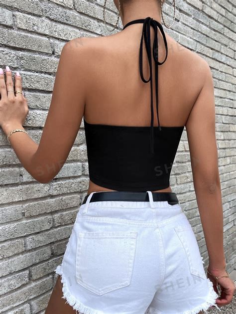 Shein Priv Scallop Trim Tied Backless Halter Top Shein Uk