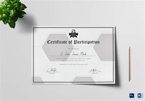 Soccer Participation Certificate Design Template In Psd Word Regarding