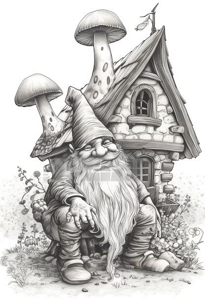 Premium Photo | A drawing of a gnome with a mushroom house and ...