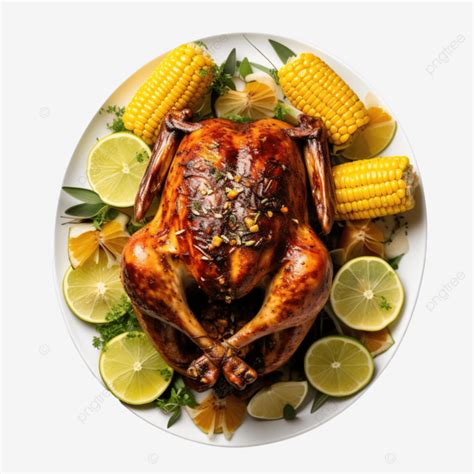 Plano De Pollo Asado De Acción De Gracias Con Maíz PNG dibujos Comida