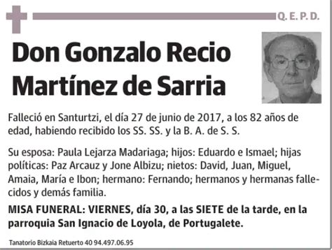 Gonzalo Recio Mart Nez De Sarria Esquela Necrol Gica El Correo