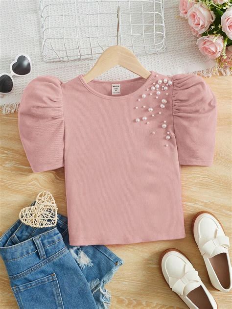 Shein Tween Girl Pearls Beaded Puff Sleeve Ribbed Knit Tee Shein Usa