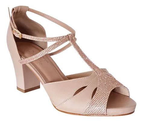 Sandalia Nude Couro Festa Dança Salto Grosso Parcelamento sem juros