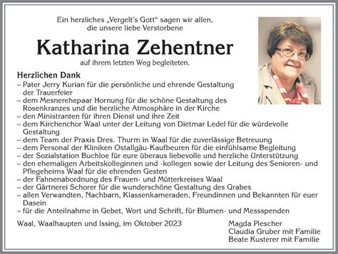 Traueranzeigen Von Katharina Zehentner Augsburger Allgemeine Zeitung