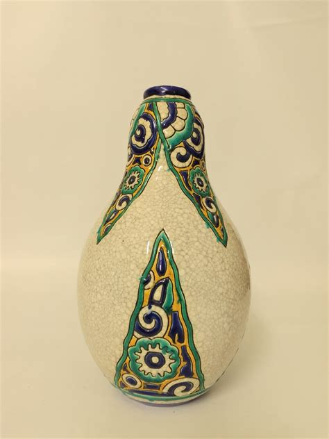 Art Deco Keramikvase Dec Mit Polychromer Geometrischer Dekoration Von