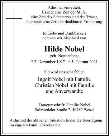 Traueranzeigen Von Hilde Nobel Trauer In NRW De