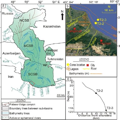 (a) Caspian Sea bathymetry and neighbouring countries, showing North ...