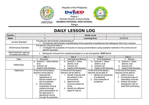 Dll Science 7 Wk4 Dll Republic Of The Philippines Region I Schools Division Of Ilocos Norte