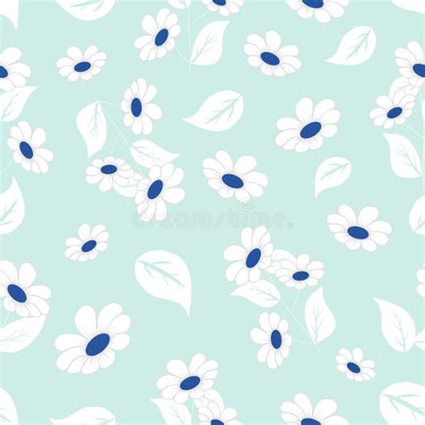 White Flowers On A Blue Background In A Seamless Pattern Design Stock