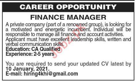 finance manager manager jobs   karachi  job advertisement
