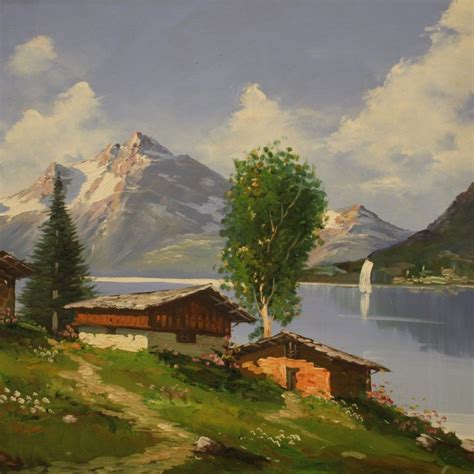 A Painting Of Some Houses By The Water With Mountains In The Background