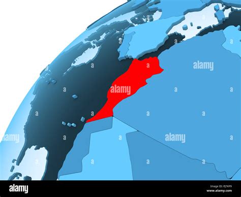 Morocco In Red On Blue Model Of Political Globe With Transparent Oceans