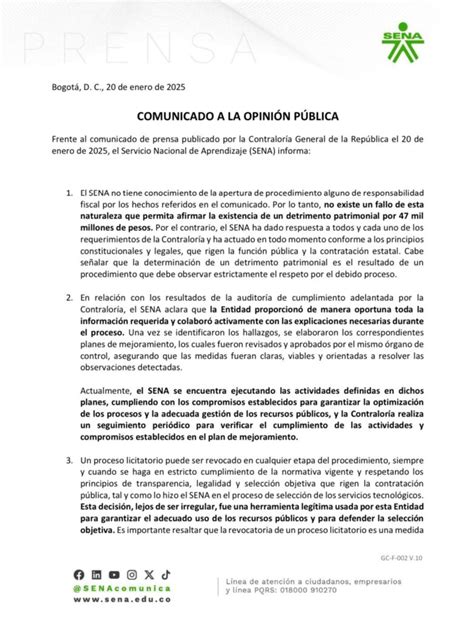 Sena desmintió detrimento por 47 000 millones esto le respondió la