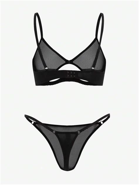 Classic Sexy Contrast Mesh Cut Out Thong Lingerie Set Shein Uk