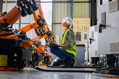 Female Engineer Worker Working With Robotic Machine Automation Stock