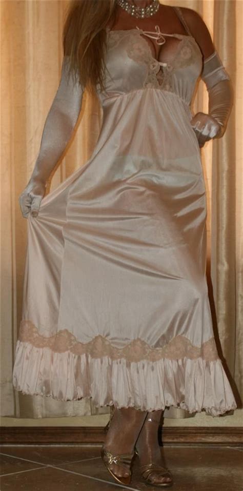 Peach Nightgown White Satin Gloves Shimmer Pantyhose And Gold Ankle