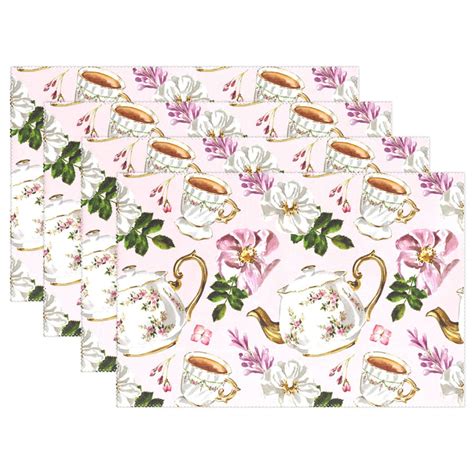 Vintage Teapots And Flowers Placemats Set Of 4 Dining Table Mat Linen