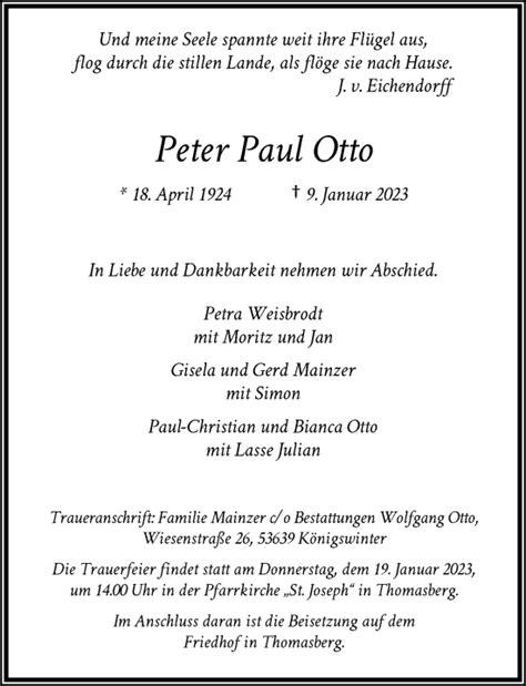 Traueranzeigen Von Peter Paul Otto GA Trauer De