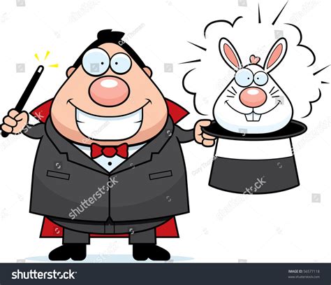 A Happy Cartoon Magician Pulling A Rabbit Out Of His Hat Stock Photo