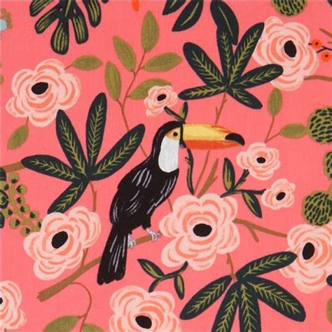 Tissu Cotton And Steel Linon Corail Avec Des Perroquets Toucans