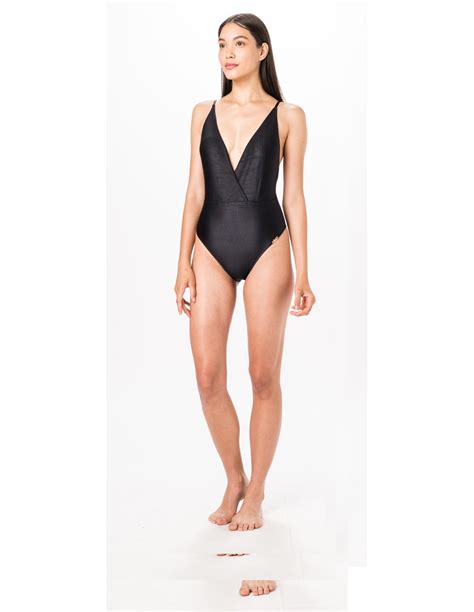 Black Ribbed One Piece Swimsuit With Crossed Neckline Plunge Preto Liso